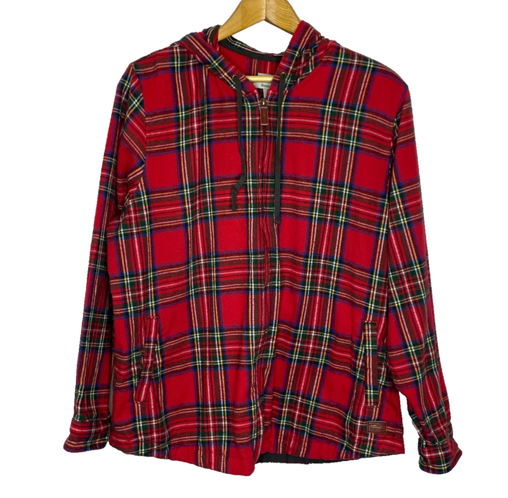 Women's XL L.L.Bean Red Scotch Plaid Flannel Cotton Relaxed Hoodie